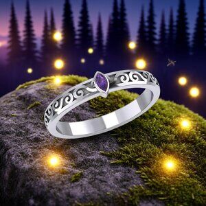 Celtic Spiral Amethyst Marquise Sterling Silver Ring, Size 7